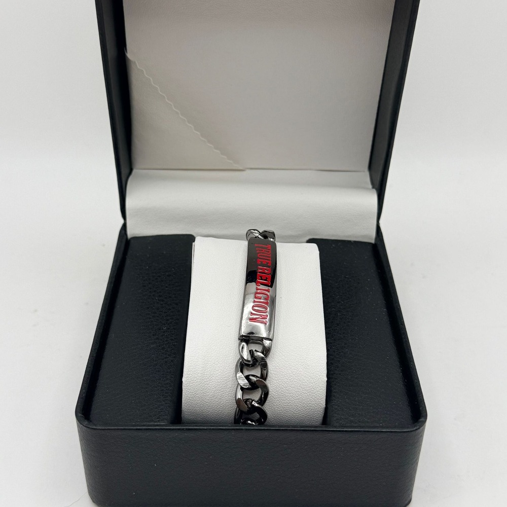 True Religion Mens Gunmetal Curb Chain ID Bracelet Red Logo with Box
